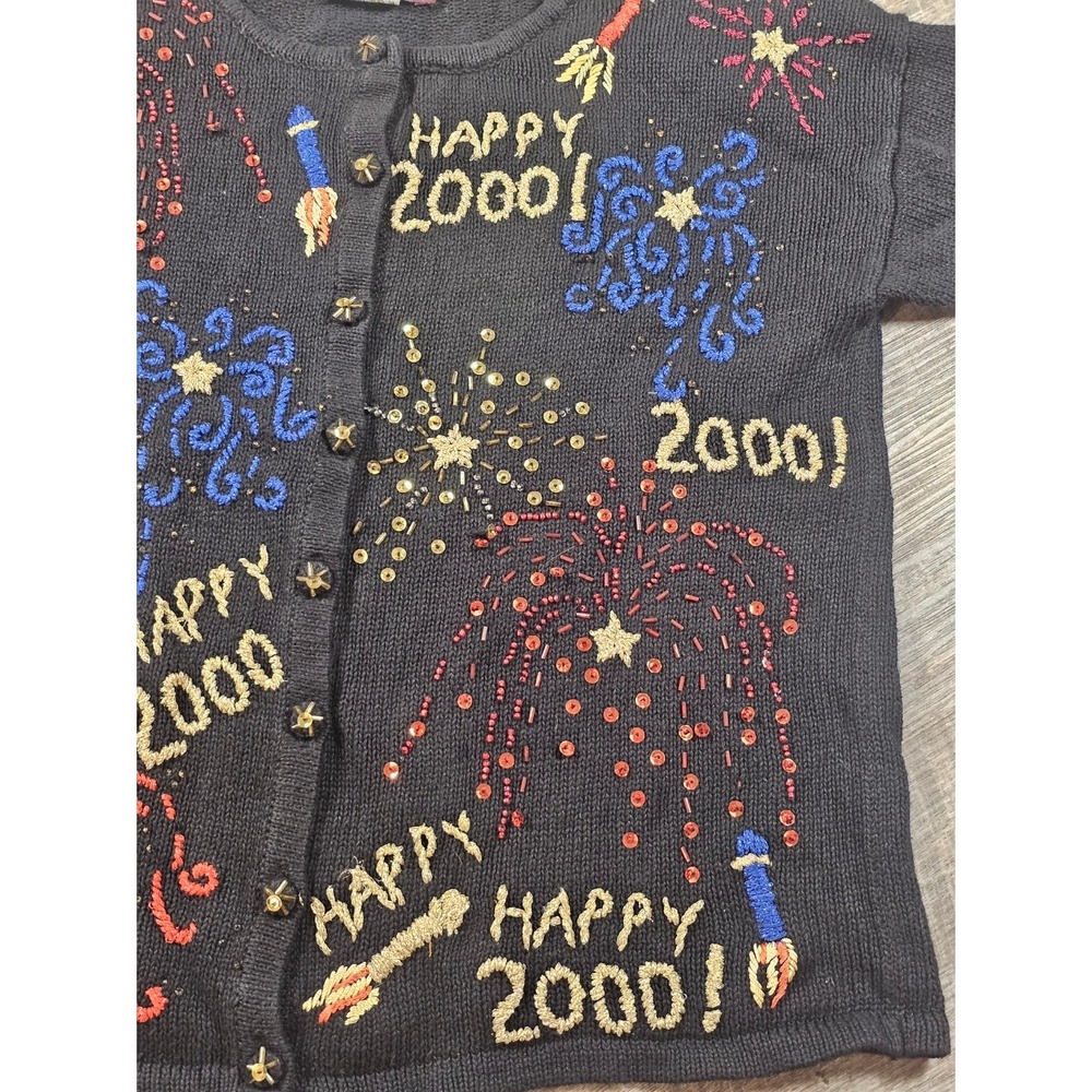 Vintage Y2K Happy 2000 Millennium Fireworks Cardigan Sweater Beaded Sequin Party - Picture 5 of 10